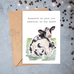 Baby Farm Animals Congrats on Your New Addition to the Herd Baby Shower Greeting Card, 5x7 Watercolor Card feat. YOUR CHOICE of Baby Dairy--Holstein calf