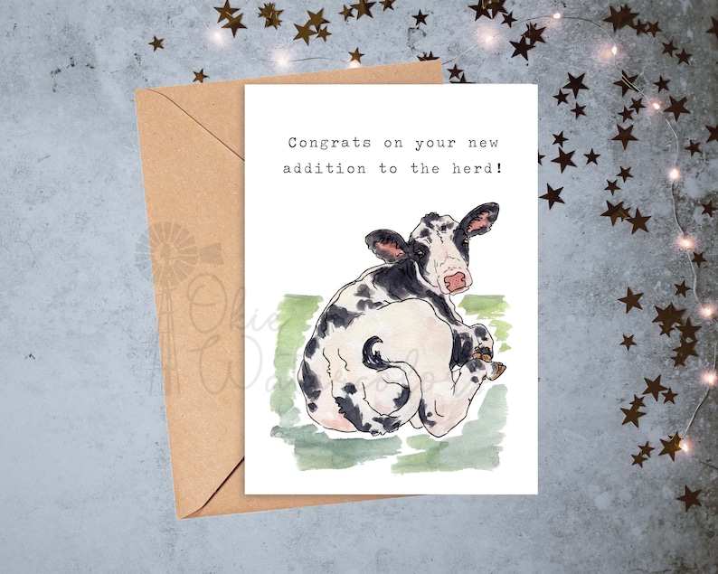 Baby Farm Animals Congrats on Your New Addition to the Herd Baby Shower Greeting Card, 5x7 Watercolor Card feat. YOUR CHOICE of Baby Dairy--Holstein calf