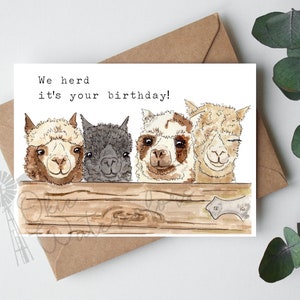 Alpaca Herd "We Herd It’s Your Birthday!” Greeting Card, 5"x7" Watercolor Card on Linen Paper, Funny Animal HappyBirthday Card, Alpaca Card