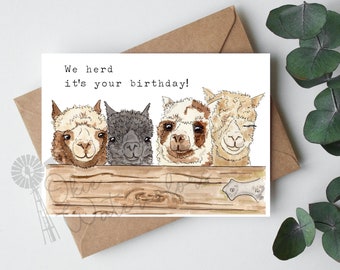 Alpaca Herd "We Herd It’s Your Birthday!” Greeting Card, 5"x7" Watercolor Card on Linen Paper, Funny Animal HappyBirthday Card, Alpaca Card