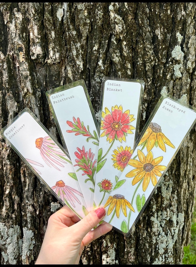 YOU CHOOSE-- Oklahoma Native Wildflower Watercolor Bookmarks, Laminated Prints of Original Wildflower Watercolor/Pollinator Paintings, 2"x8" image 1