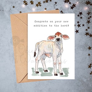 Baby Farm Animals Congrats on Your New Addition to the Herd Baby Shower Greeting Card, 5x7 Watercolor Card feat. YOUR CHOICE of Baby Beef-- Brahman calf