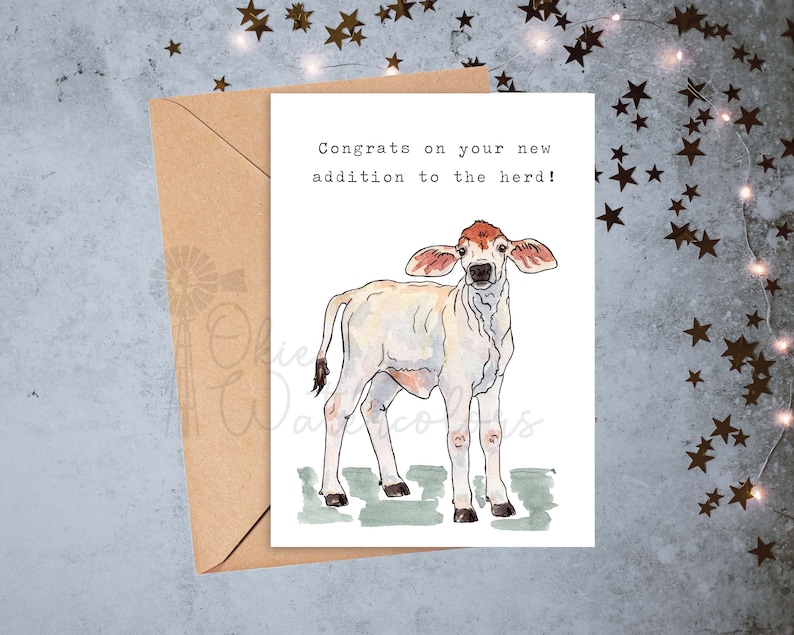 Baby Farm Animals Congrats on Your New Addition to the Herd Baby Shower Greeting Card, 5x7 Watercolor Card feat. YOUR CHOICE of Baby Beef-- Brahman calf