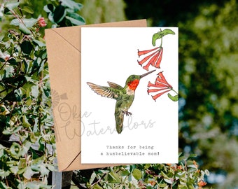 Hummingbird with Honeysuckle "Thanks for being a humbelievable mom!" Greeting Card, 5"x7" Greeting Card, Mother's Day Card for Bird Lovers