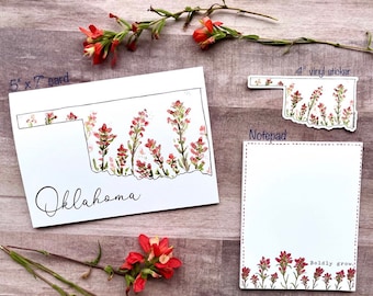 Indian Paintbrush Stationery Bundle, Oklahoma Native Wildflower Watercolor Art, Notepad Memo Pad, Greeting Card, Vinyl Sticker, One of Each