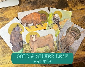 Watercolor Animal Art Prints with Gold and Silver Leaf Added By Hand, 5x7" Metallic Art Print, Watercolor Wildlife Prints with Gold Foil