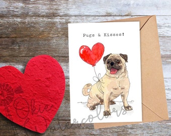 Pug Dog Love Card "Pugs & Kisses." Greeting Card, 5"x7" Watercolor Card on Linen Paper, Valentine’s Day, Anniversary Card