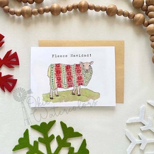 Sheep with Christmas Sweater &quot;Fleece Navidad!&quot; Greeting Card, 5&quot;x7&quot; Watercolor Card, Funny Western Holiday Christmas Card with Sheep