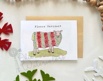 Sheep with Christmas Sweater "Fleece Navidad!" Greeting Card, 5"x7" Watercolor Card, Funny Western Holiday Christmas Card with Sheep