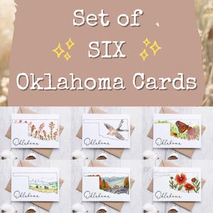 K&ouml;nnte beinhalten: Satz von sechs leeren Gru&szlig;karten mit Aquarell-Illustrationen des Bundesstaates Oklahoma mit verschiedenen Naturszenen. Jede Karte tr&auml;gt den Schriftzug "Oklahoma" am unteren Rand.