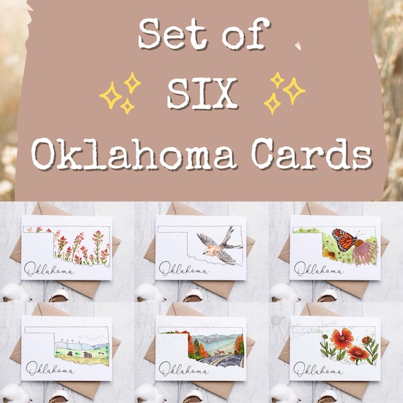 Oklahoma State Silhouette Bundle of SIX 5x7” Greeting Cards, Scissor-tail, Monarch, Indian Paintbrush, Kiamichi, Talimena, Indian Blanket