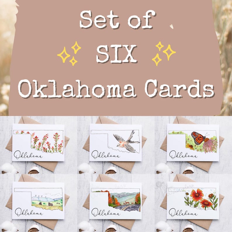 K&ouml;nnte beinhalten: Satz von sechs leeren Gru&szlig;karten mit Aquarell-Illustrationen des Bundesstaates Oklahoma mit verschiedenen Naturszenen. Jede Karte tr&auml;gt den Schriftzug "Oklahoma" am unteren Rand.