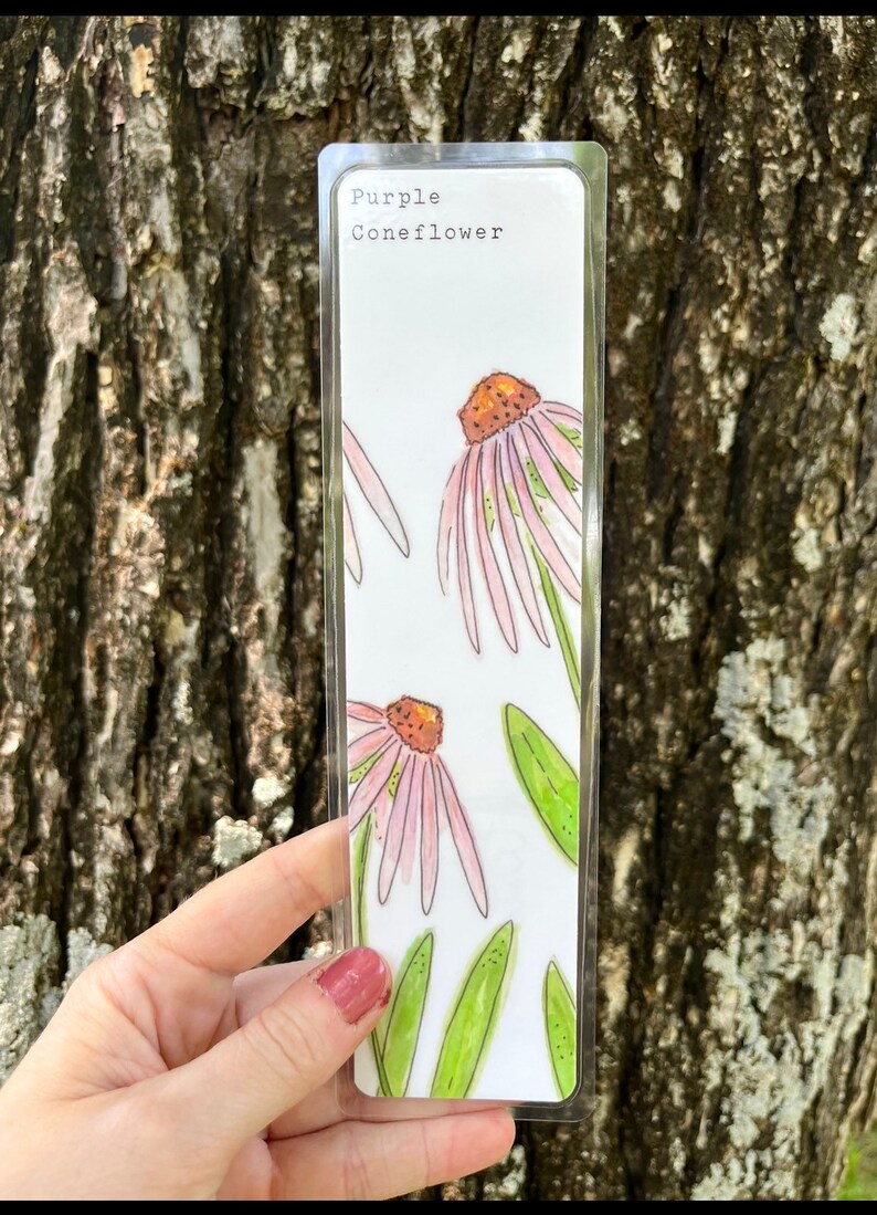 YOU CHOOSE-- Oklahoma Native Wildflower Watercolor Bookmarks, Laminated Prints of Original Wildflower Watercolor/Pollinator Paintings, 2"x8" Purple Coneflower