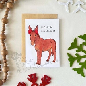 Mule Merry Christmas Holiday Greeting Card, 5x7&quot; Watercolor Art Card on Linen-Textured Paper, Funny Farm & Ranch Mule Christmas Holiday Card