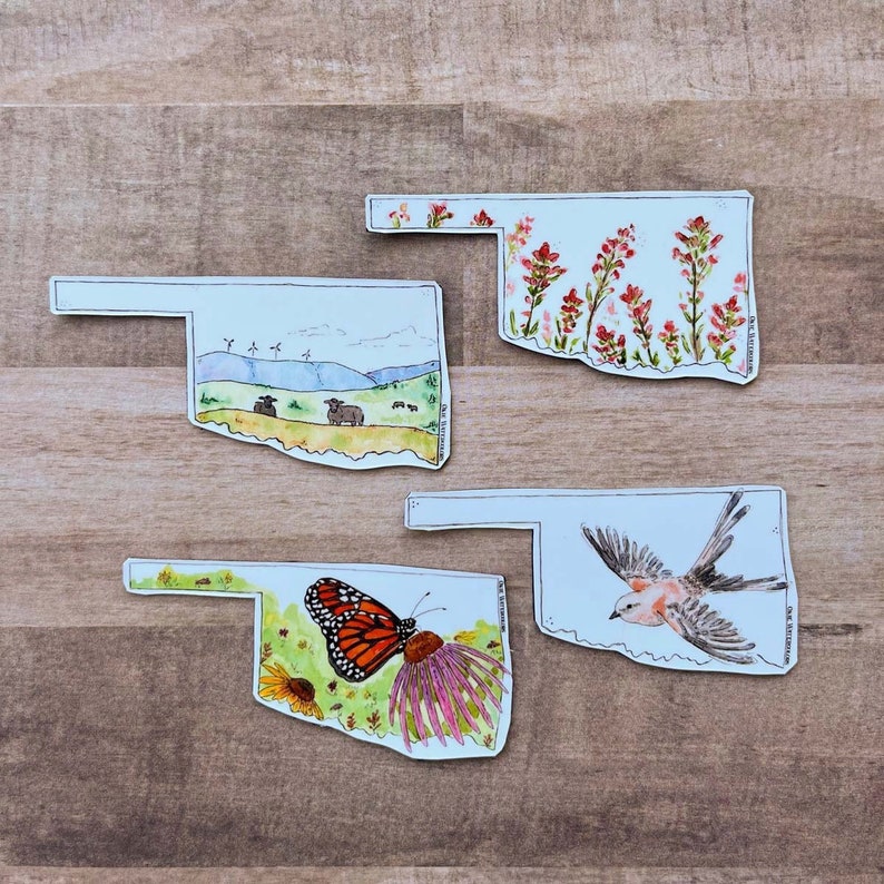 Oklahoma State Silhouette Watercolor Art, 3.5 Hand-cut Magnets, Set Of FOUR, Oklahoma Ranch, Wildlife, Monarch Butterfly, Wildflowers image 1
