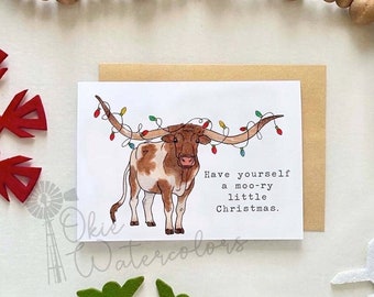 Funny Longhorn Cow Christmas Card, Watercolor Moo-ry Greeting