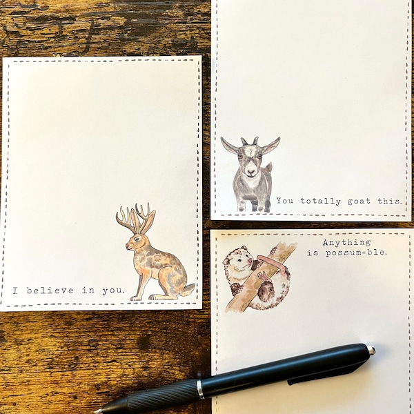 Fun Inspirational Animal Notepad Memopad feat. Watercolor Goat, Possum, Jackalope 40 Sheets, 4”x5”, Novelty Office Gift, Fun Office Supplies