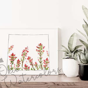 Wyoming State Flower Art Print, Indian Paintbrush Watercolor Silhouette