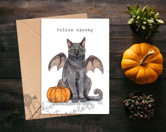 Halloween Black Cat in Bat Costume "feline spooky" Scary 5x7" Greeting Card, Cat with Pumpkin Card