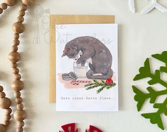 Holiday Cat Christmas Greeting Card, 5"x7" Watercolor Card on Linen Paper, "Here comes Santa Claws" Holiday Christmas Card, Holiday Cat Card