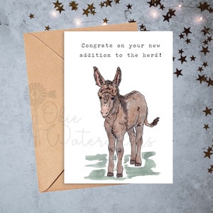 Baby Farm Animals Congrats on Your New Addition to the Herd Baby Shower Greeting Card, 5x7 Watercolor Card feat. YOUR CHOICE of Baby Equine-- Donkey foal