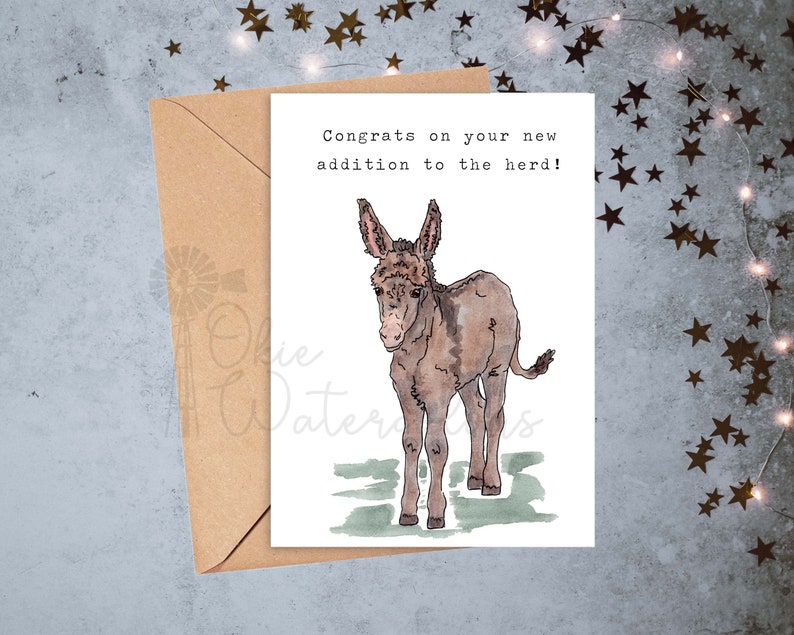 Baby Farm Animals Congrats on Your New Addition to the Herd Baby Shower Greeting Card, 5x7 Watercolor Card feat. YOUR CHOICE of Baby Equine-- Donkey foal