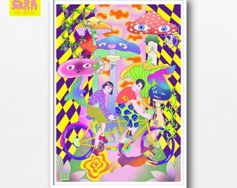 Mushroom bike ride psychedelic poster love pair
