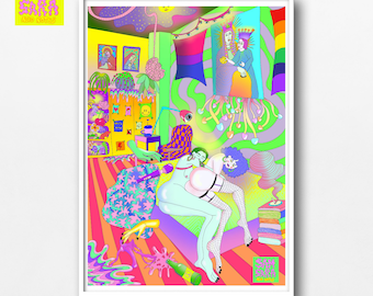 Lesbian psychedelic poster: Vibrant colors trippy patterns celebrate love pride Sam Sara Acid Notes