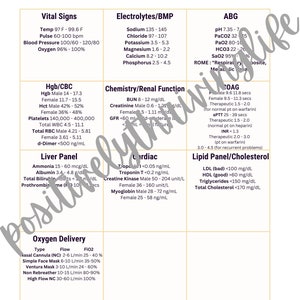 May include: A white sheet of paper with a chart of lab values for vital signs, electrolytes, blood chemistry, cardiac, and lipid panel. The chart includes normal ranges for each value. The chart is titled "LAB VALUES" and has the phrase "POSITIVELY THRIVING LIFE" at the bottom.