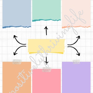 Könnte beinhalten: Sechs bunte Haftnotizen mit zerrissenen Kanten, angeordnet in einem Raster auf einem weißen Gitterhintergrund. Die Notizen sind in Blautönen, Grün, Pfirsich, Gelb, Orange und Lila. Der Text "positive vibes only" ist diagonal über die Notizen geschrieben.