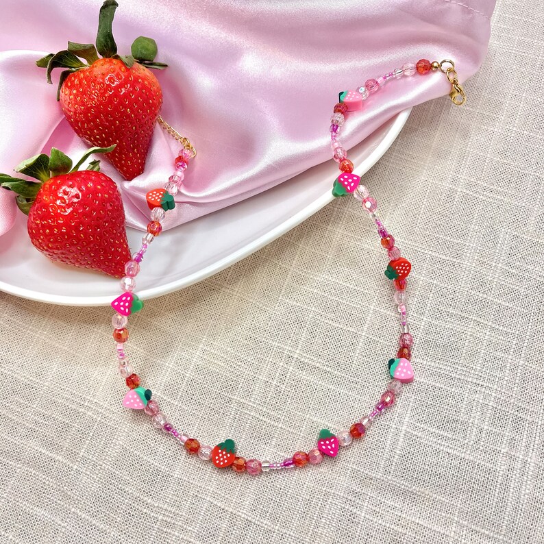 Strawberry Shortcake Necklace Strawberry Beaded Necklace Etsy