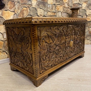 Walnut wood trunk coffee table, Hand carved wooden hope chest with secret key compartment, Turkish traditional storage box