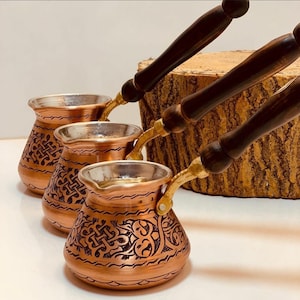 Triple Copper Coffee Pot Set, Handmade Embroidered Turkish Coffee Pot Cezve Coffee Maker Kitchen Decor