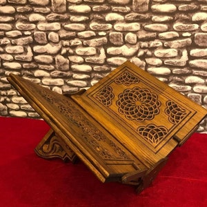 Foldable Wooden Book Stand, Carved Wood Quran Stand, Bible Stand, Laptop Holder, Folding Reading Stand