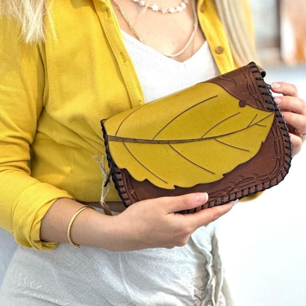 Bolso de hoja de cuero para mujer, bandolera y bandolera de cuero genuino, monedero de cuero grabado para mujer, bolso con patrón de hoja