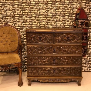 Walnut Carved Dresser, 5 Drawers Walnut Wood Cabinet