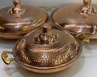 Teglia da forno in rame con coperchio, grande padella da sauté in rame martellato con manico in ottone, antiaderente per alimenti