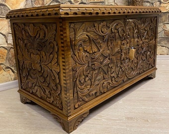 Walnut wood trunk coffee table, Hand carved wooden hope chest with secret key compartment, Turkish traditional storage box