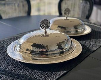 Turkish Copper Serving Plate, Hammered Copper Traditional Oval Dinner Platter with Lid, Kitchen Decor