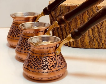 Trippel koppar kaffekanna set, handgjord graverad turkisk kaffekanna Cezve kaffebryggare köksinredning