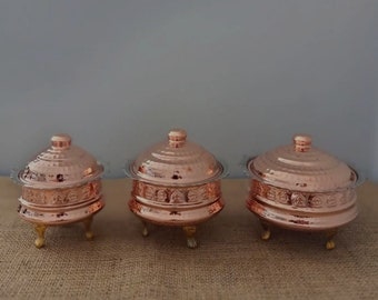 Copper sugar bowls set of 3, Turkish traditional authentic delight bowls with lid