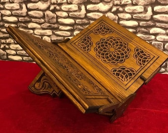 Foldable Wooden Book Stand, Carved Wood Quran Stand, Bible Stand, Laptop Holder, Folding Reading Stand