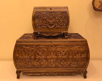 Walnut Wood Storage Box, Hand Carved Wooden Hope Chest, Trunk Coffee Center Table for Living Room