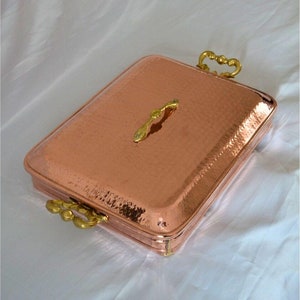 Copper rectangular hammered serving pot with brass handles and lid ,Rectangular roasting baking pan