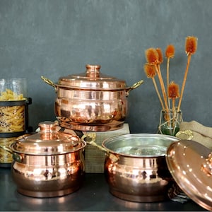 Turkish Copper Pot with Brass Handles, Solid Copper Casserole Pots Cookware Nonstick