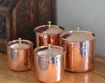 Hammered Copper Spice Jars Set of 4, Copper Kitchen Storage Canisters with Lid, Kitchen Decor