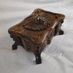 Lion Figure Carved Jewelry Chest, Walnut Wood Hidden Lock Jewelry Box, Rosary Box with Secret Compartment