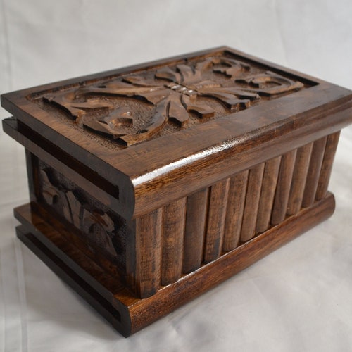 Wooden Puzzle Jewelry Box Hand Carved Flower Secret Lock Box Etsy
