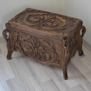 Mesa de centro tallada con forma de cisne, baúl de madera de nogal, cofre tradicional turco para novias.