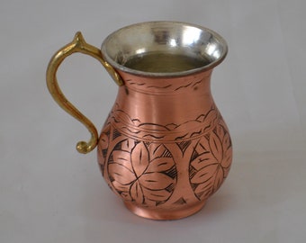 Copper Mug Hand Chisel Engraved Turkish Traditional Pure Copper Brass Handle Ayran Cocktail Glass Drinkware